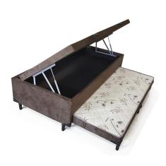 Imagem de Cama Baú Solteiro C/ cama Auxiliar Ortopédica 88 x 188- Suede Marrom - Tampo Bambu Marrom