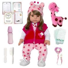 Imagem de Boneca Baby Realista Reborn + Girafa De Pelúcia Completa 100% Silicone