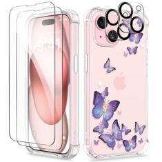 Imagem de GVIEWIN Capa para iPhone 15, [5 em 1] com 2 protetores de tela e 2 protetores de lente de câmera, capa de telefone floral transparente macia à prova de choque slim fit para mulheres meninas 2023 6,1