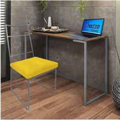 Imagem de Kit Escritório Stark Cadeira e Mesa Industrial Ferro Prata Tampo MDF Carvalho Suede Amarelo - Ahz Móveis
