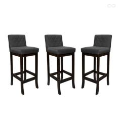 Imagem de Kit 3 Banquetas Alta de Madeira Maciça Tóquio com Encosto Matelassê Suede Cinza CCS