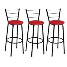 Imagem de Kit 3 Banquetas Alta Preta com Encosto Assento Vermelho Jaddi