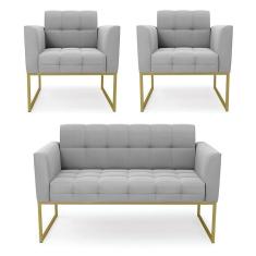 Imagem de Kit 1 Sofá Namoradeira E 2 Poltronas Elisa Suede Base Metálica Industrial Dourada D`rossi Cor Cinza