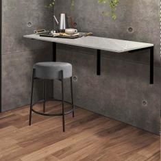 Imagem de Kit Mesa Suspensa de Parede Fixa MDF Marmorizado + 1 Banqueta Sintra Ferro Preto Sintético Cinza - Ahazzo Móveis