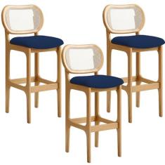 Imagem de Kit 03 Banquetas Altas Para Cozinha Bancada Sala Tela Betta Fixa L02 Suede Azul Marinho - Lyam