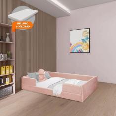 Imagem de Cama Infantil Montessoriana com Colchão Luana em Madeira Maciça com Revestimento em Tecido Rosa