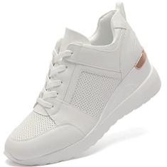 Imagem de YZ Tênis feminino moderno de salto alto com cadarço plataforma, Branco, 36