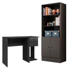 Imagem de Mesa Escrivaninha 4115 E Armário Gamer 4095 Preto Fosco  Qmovi