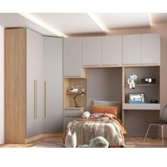 Imagem de Dormitório Modulado 5 Peças 2 Guarda Roupas 1 Mesa de Cabeceira e 2 Modulos San Diego Aveiro Oak/Cinza Urbano