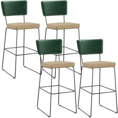 Imagem de Kit 04 Banquetas Altas Sala Jantar Fixa Allana L02 Facto Verde Musgo Linho Bege Escuro - Lyam Decor