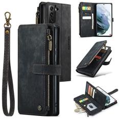 Imagem de UEEBAI Capa carteira para Samsung Galaxy S21 FE 5G, capa de telefone premium feita à mão de couro PU com compartimentos para cartões, fecho magnético, bolso com zíper, suporte, capa flip com alça de