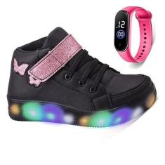 Imagem de Tenis Infantil Feminino De Led Botinha Borboleta Glitter Meninas + Relogio