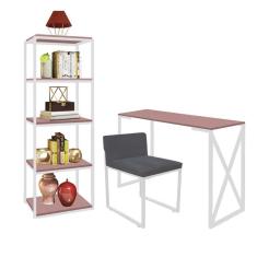 Imagem de Kit Escritório Bex 1 Cadeira Suede Cinza com 1 Mesa e 1 Livreiro Ferro Branco MDF Rose Rosa - Ahazzo Móveis