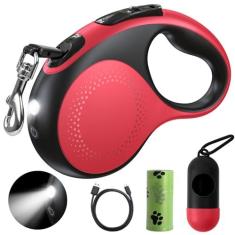 Imagem de Coleira retrátil para cães com luz LED, coleira retrátil Douexio de 4,8 m para cães médios e grandes até 50 kg, livre de emaranhamento de 360°, controle de um botão, gancho de alta resistência