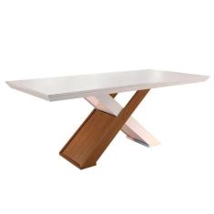 Imagem de Mesa de Sala Jantar Imperatriz c/ Tampo 180x90cm Madeirado Vidro Canto Reto - Imbuia/Off White - Rufato