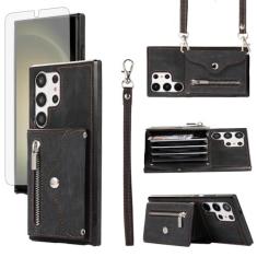 Imagem de Capa de telefone para Samsung Galaxy S24 Ultra 5G capa carteira e protetor de tela de vidro temperado com alça transversal de pulso cordão suporte para cartão de crédito S24Ultra 24S S 24 24Ultra