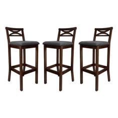 Imagem de Kit 3 Banquetas Media Estofada para Bancada Madri Madeira Capuccino Suede Cinza CCS