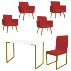 Imagem de Kit Escritório Stan 4 Poltronas com Cadeira e Mesa Industrial Tampo Branco Dourado Corino Vermelho - Ahz Móveis