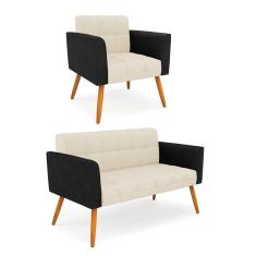 Imagem de Sofá Namoradeira E Poltrona Pés Palito Castanho Elisa Preto-linho Bege A19 D03 - D'rossi