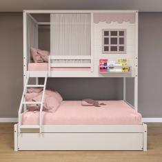 Imagem de Treliche Casinha Reta Casal/ Solteiro Com Cortina Madeira Maciça Branco/ Rosa Housin