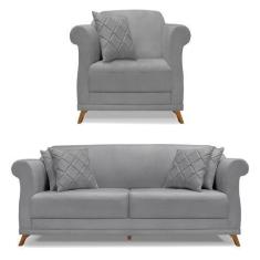 Imagem de Kit Poltrona E Sofá Living 2 Lugares 1,60M Vênus Linho Grafite Pés Cas