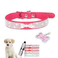 Imagem de Coleira de cachorro com placa de identificação de strass, lindo laço de cristal com glíter, joias brilhantes, coleiras de gato de diamante brilhante para XXS XS, pequeno, médio, animais de estimação,