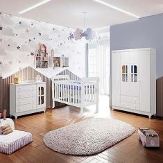 Imagem de Quarto de Bebê Completo Gabrielle Berço 3 em 1 Lila Guarda Roupa 4 Portas Cômoda Infantil com Porta Branco Carolina Baby