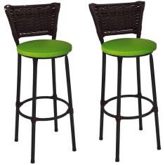 Imagem de Kit 2 Banquetas Médias Preta com Encosto Junco Argila Assento Verde