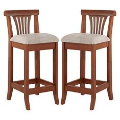 Imagem de Kit 2 Banquetas Média Estofada Encosto Valentina 36x90Cm Bancada Madeira Maciça Linho Bege M58 - RMI