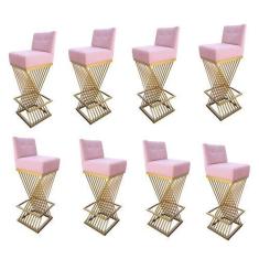 Imagem de Kit 08 Banquetas Luma Base de Ferro Sued Rosa Bebê - D'Classe Decor