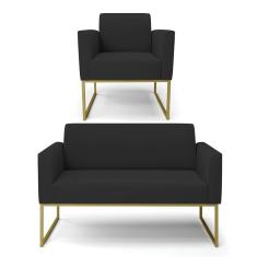 Imagem de Sofá Namoradeira Com Poltrona Base Industrial Dourado Marisa Veludo Preto D03 - D'rossi
