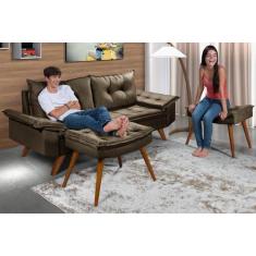 Imagem de Sofa Bariloche 3 Lugares Com Pes Em Madeira Mais Duas Banquetas Rubi E