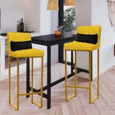 Imagem de Kit 02 Banqueta Alta com Encosto Lucca Industrial Cozinha Balcão Ferro Dourado Suede Amarelo e Almofada Preto - Ahazzo Móveis