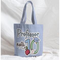 Imagem de Bolsa Sacola Artesanal de Tecido Professor Nota 10 Linhas e Fundo Azul