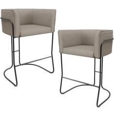 Imagem de Kit 02 Banquetas Baixa Base de Aço Preto Betina D02 Linho Bege D-463 -