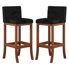 Imagem de Kit 2 Banquetas Alta Encosto Estofado 38x100 Cm Espanha Madeira Maciça Castanho Suede Preto ccs