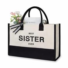 Imagem de Bolsa de praia de lona com inicial personalizada, sacola de presente com monograma para mulheres, Preto e branco