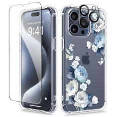 Imagem de GVIEWIN Capa floral para iPhone 15 Pro Max, com protetor de tela e protetor de lente de câmera, capa de telefone feminina de policarbonato rígido + TPU à prova de choque com flor transparente de 6,7