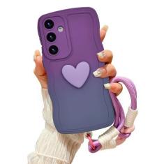 Imagem de Tcaraersing Capa ondulada gradiente para Samsung Galaxy S24 com cordão de pulso fofo amor coração ondulado design de moldura ondulada cor sólida capa à prova de choque de silicone macio para meninas e