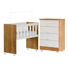 Imagem de Quarto de Bebê com Mini Berço com Colchão 5 em 1 Ariel e Cômoda de Bebê 100% Mdf 4 Gavetas Soft Life Branco/madeirado Ypê