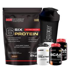 Imagem de Kit Six Protein 2kg + 2x BCAA 4,5 100g + 2x Power Creatine 100g + Coqueteleira – Bodybuilders Sabor Chocolate