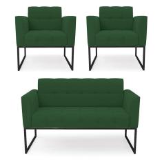 Imagem de Kit 1 Sofá Namoradeira E 2 Poltronas Elisa Veludo Verde Base Metálica Industrial Preto - D`rossi