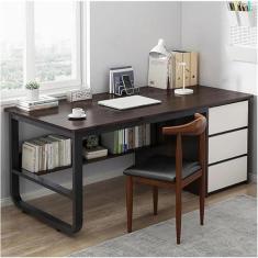 Imagem de Mesa de trabalho de escritório multifuncional mesa de computador mesa de estudo moderna mesa de escrita com 3 gavetas e prateleiras de armazenamento mesa de pé simples, C, 100 cm
