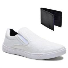 Imagem de Kit Tênis Casual Masculino Slip On Elástico Conforto + Carteira Branco