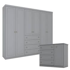 Imagem de Cômoda E Guarda Roupa Casal 6 Portas Americano Cinza - Henn
