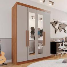 Imagem de Guarda-roupa Solteiro 4 Portas 3 Gavetas com Espelho Roma Espresso Móveis Cinamomo/Off White