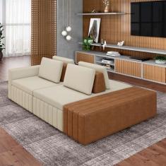 Imagem de Sofá Ilha com Encosto e Almofadas Móveis Olimpo 245cm Modulado Linho/PU Bege/Caramelo G45 - Gran Belo