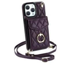 Imagem de Capa de telefone de couro com alça de pulso crossbody para iPhone 13 12 Mini 15 14 11 Pro XS Max XR X 7 8 Plus Carteira com capa de suporte de cartão, roxo profundo, para iphone 15PRO MAX