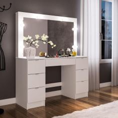 Imagem de Penteadeira Camarim França Para 6 Lâmpadas Com Espelho 7 Gavetas Politorno Branco Branco