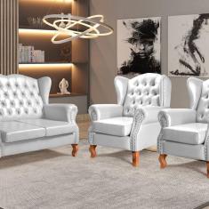 Imagem de Conjunto Imperador Sofá com Poltronas Chesterfield Decoração Retrô Vintage Branco